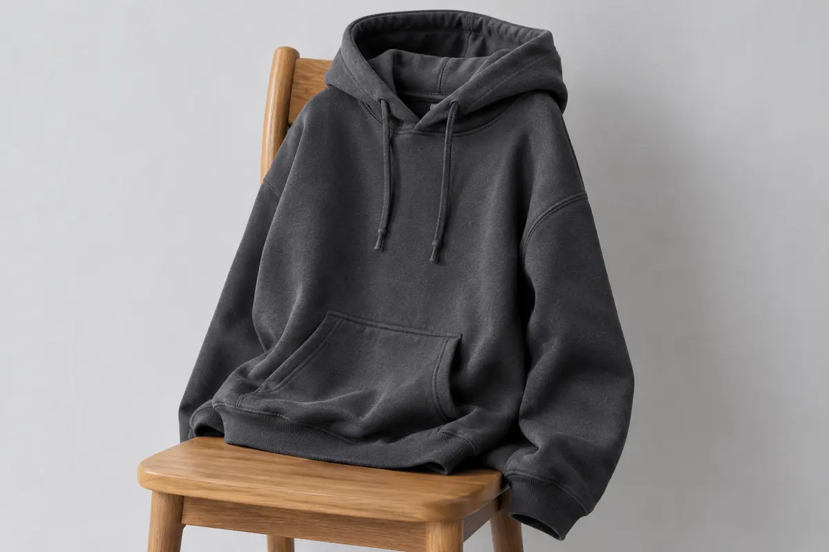 Sudadera con capucha gris marengo con bolsillo canguro y cordones, colgada del respaldo de una silla de madera