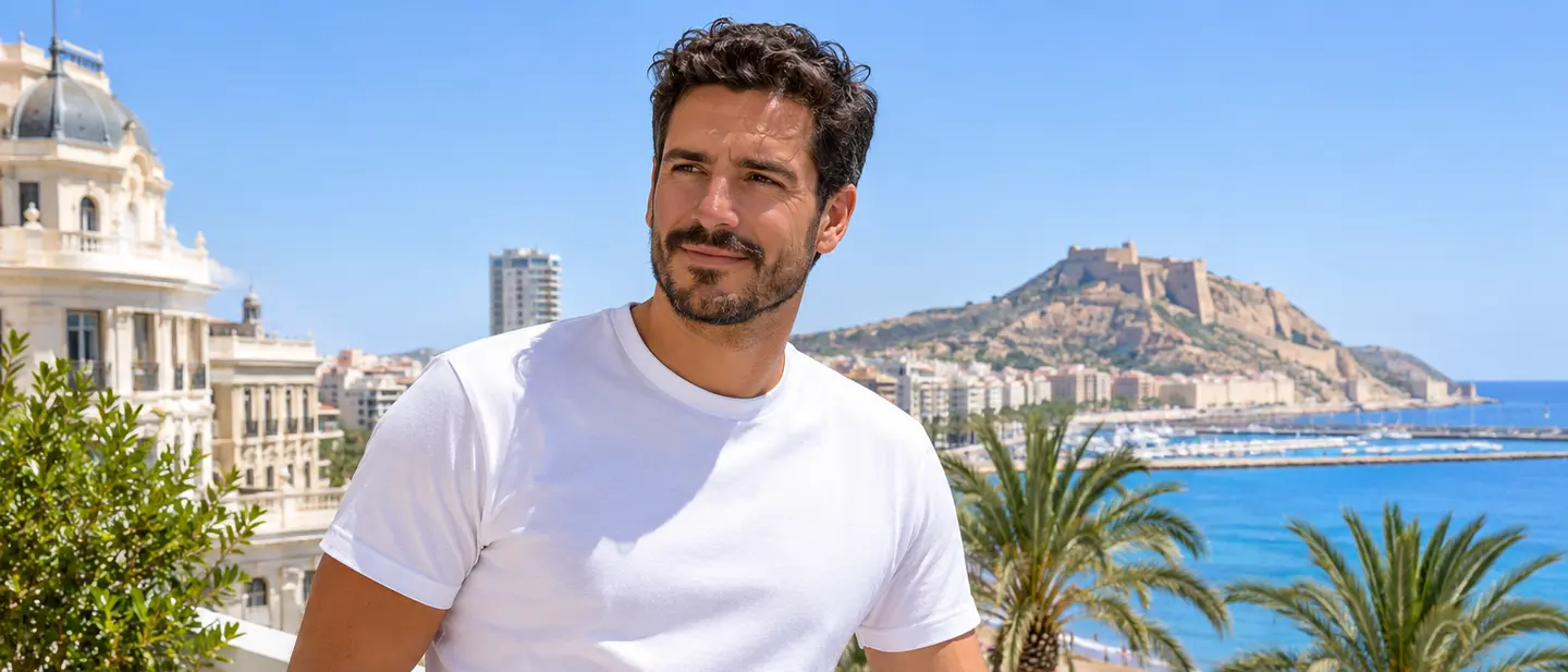 Marcos Ferrándiz con camiseta blanca de algodón grueso en una azotea de Alicante, con el castillo de Santa Bárbara al fondo